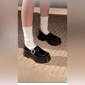Charles & Keith Gem Embellished Black Leather Chunky Platform Loafers EU Size 37